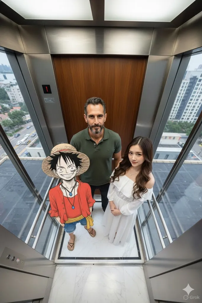 gempix2 Recreate a realistic photo inside an elevator with an overhead angle. after