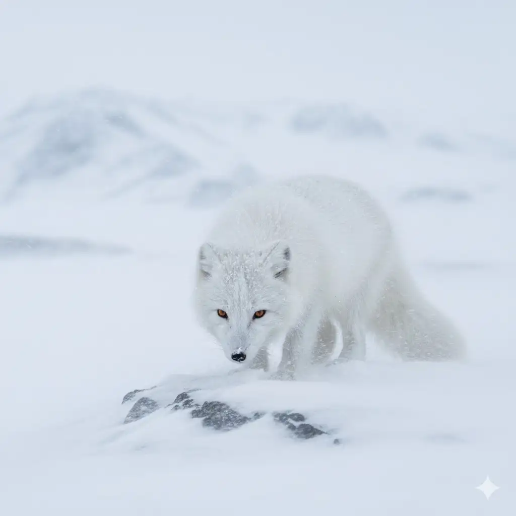 Gempix2 image prompt: Arctic fox in snowstorm.