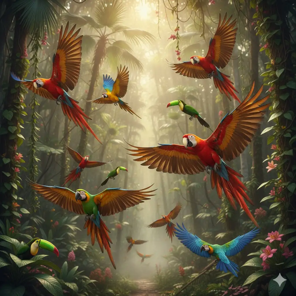 Gempix2 image prompt: Tropical birds in flight.