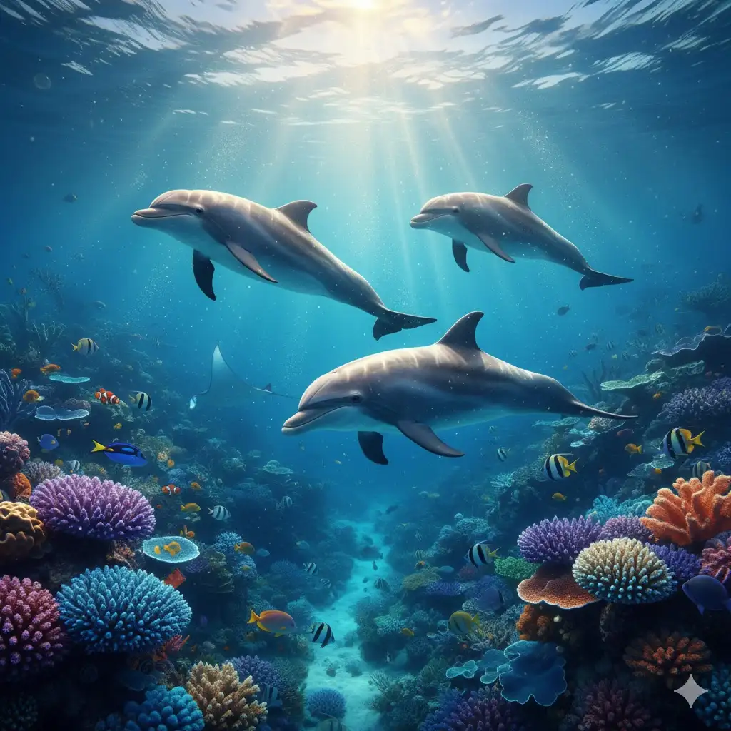 Gempix2 image prompt: Underwater dolphin scene.