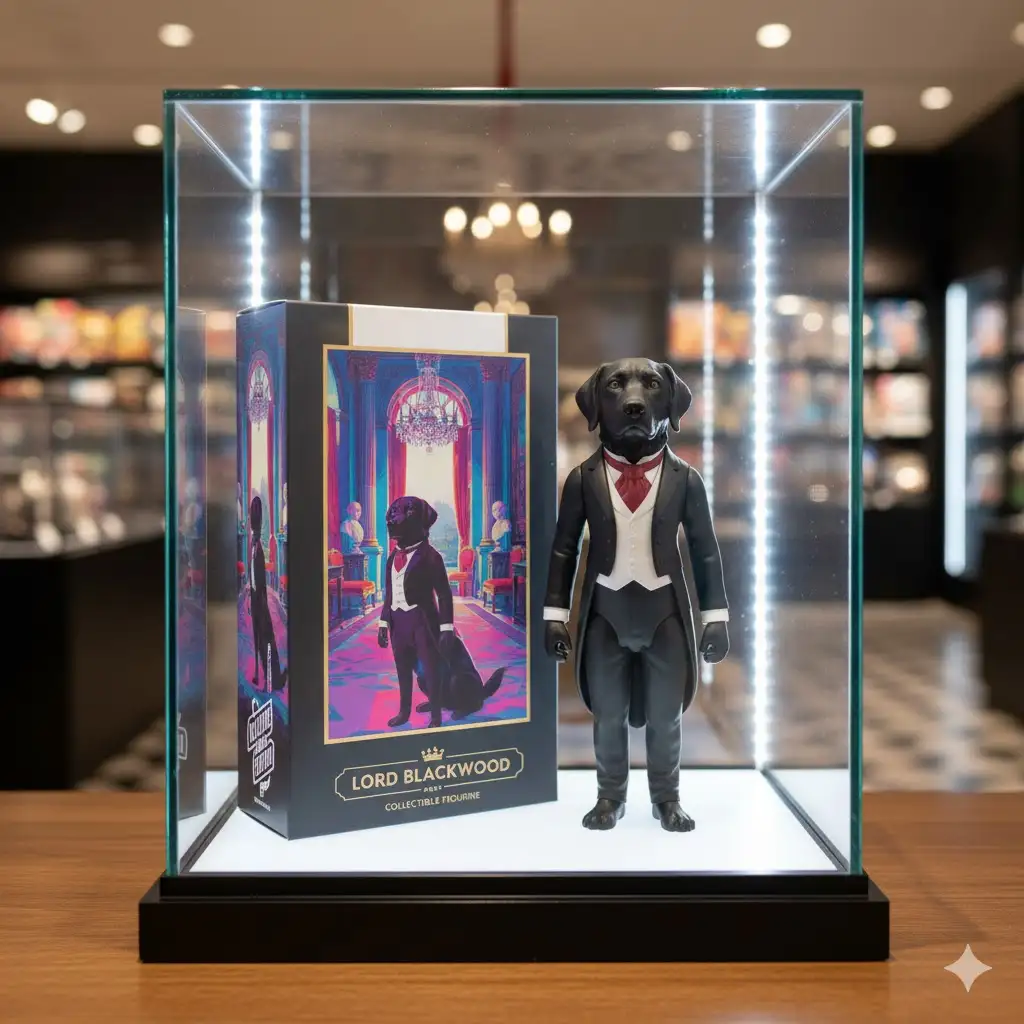 Gempix2 image prompt: Turn pet into designer toy collectible, displayed in showcase with packaging box.