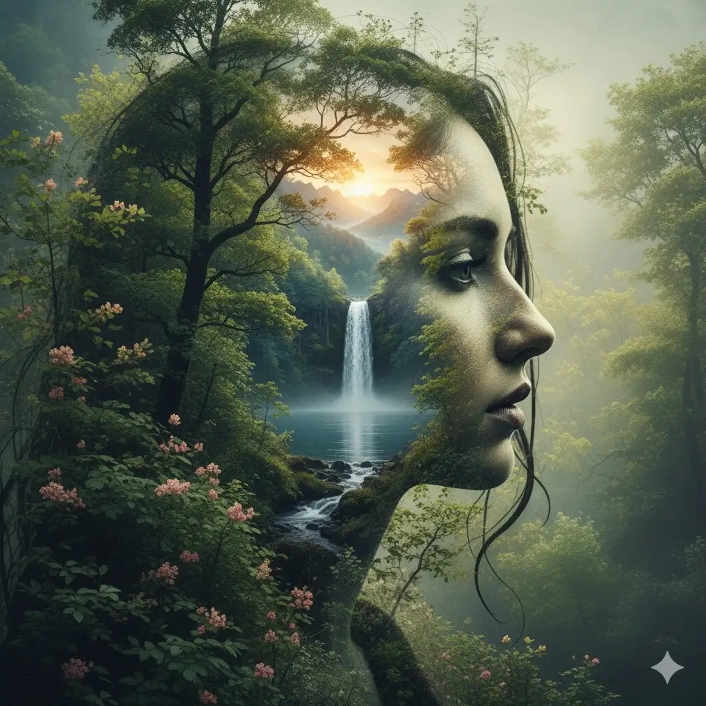 Gempix2 image prompt: Double exposure portrait with nature elements.
