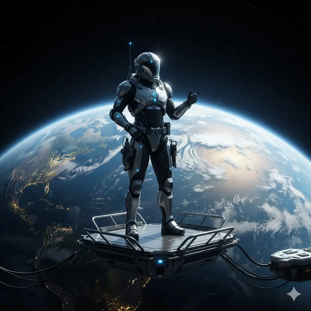 Gempix2 image prompt: Futuristic space explorer style, standing before Earth from orbit.