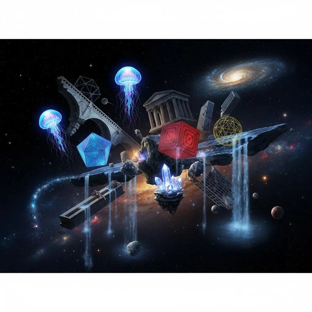 Gempix2 image prompt: Surreal floating objects in space.