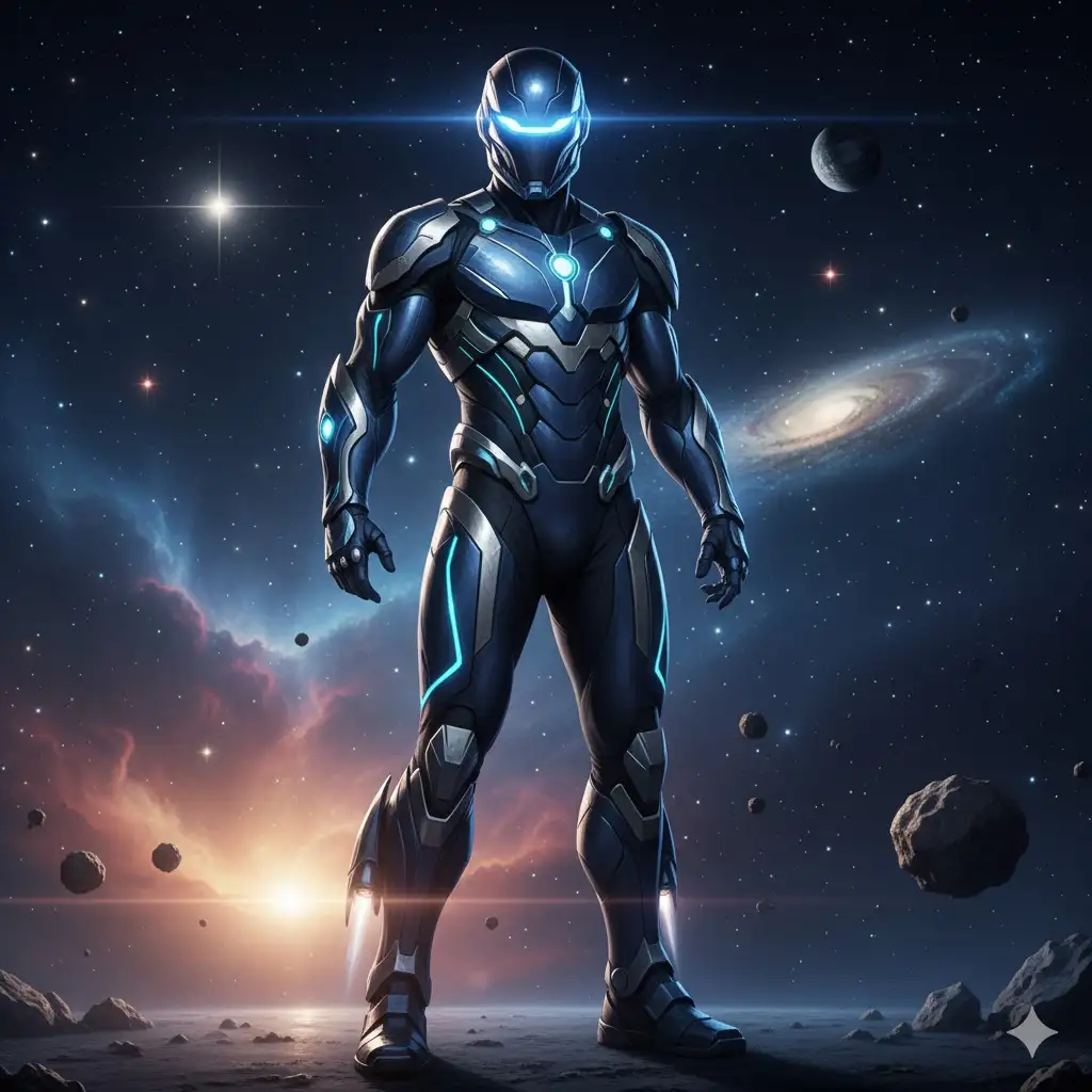Gempix2 image prompt: Superhero with futuristic armor, outer-space background.
