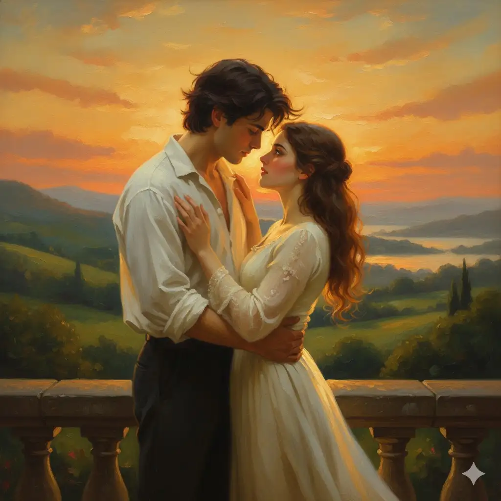 Gempix2 image prompt: Couple portrait in romantic oil painting style, warm tones.