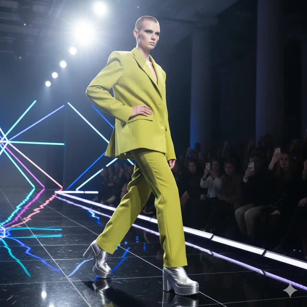 Gempix2 image prompt: Runway catwalk model pose with bright stage lighting.