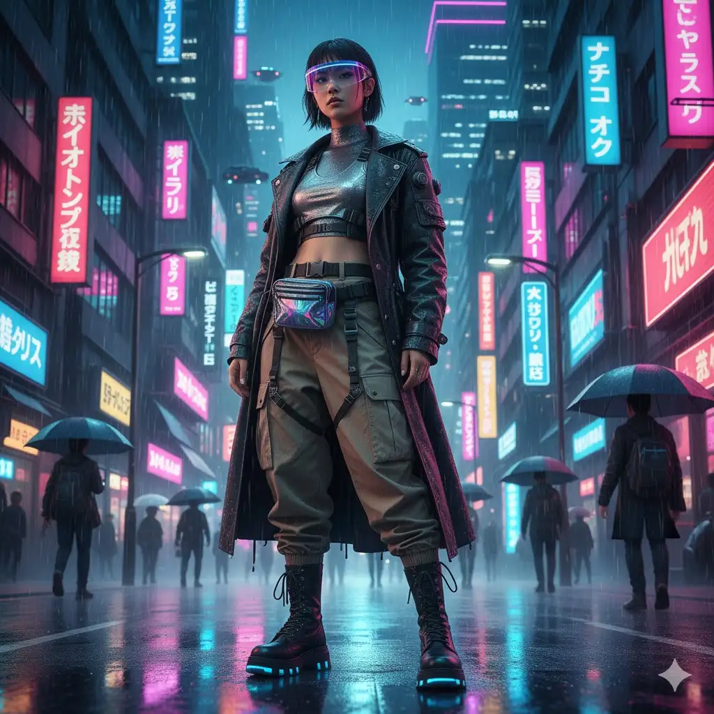 Gempix2 image prompt: Cyberpunk street fashion with neon lighting.
