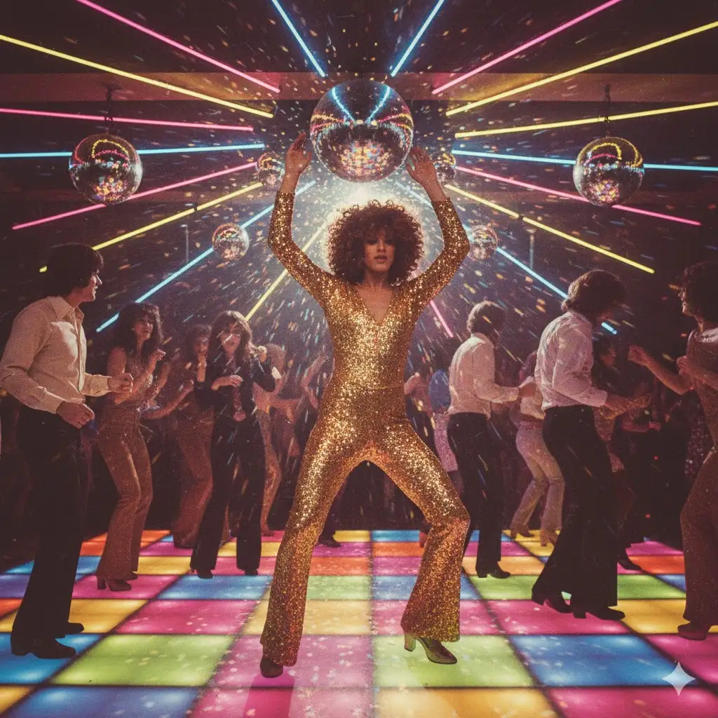 Gempix2 image prompt: 1970s disco scene, sequin outfit, colorful neon lights.