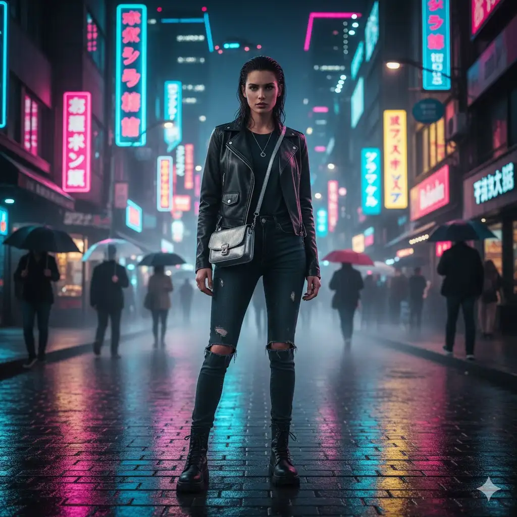 Gempix2 image prompt: Fashion street portrait in neon city lights at night, leather jacket and jeans.