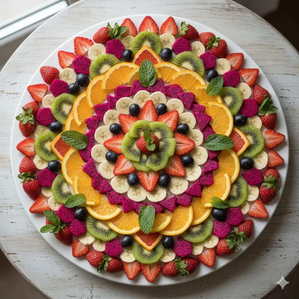 Gempix2 image prompt: Sliced fruits arranged in geometric patterns.