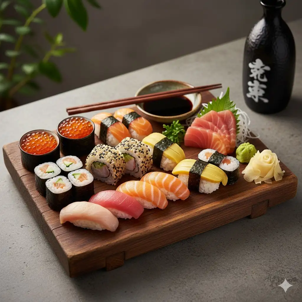 Gempix2 image prompt: Japanese sushi on wooden board.