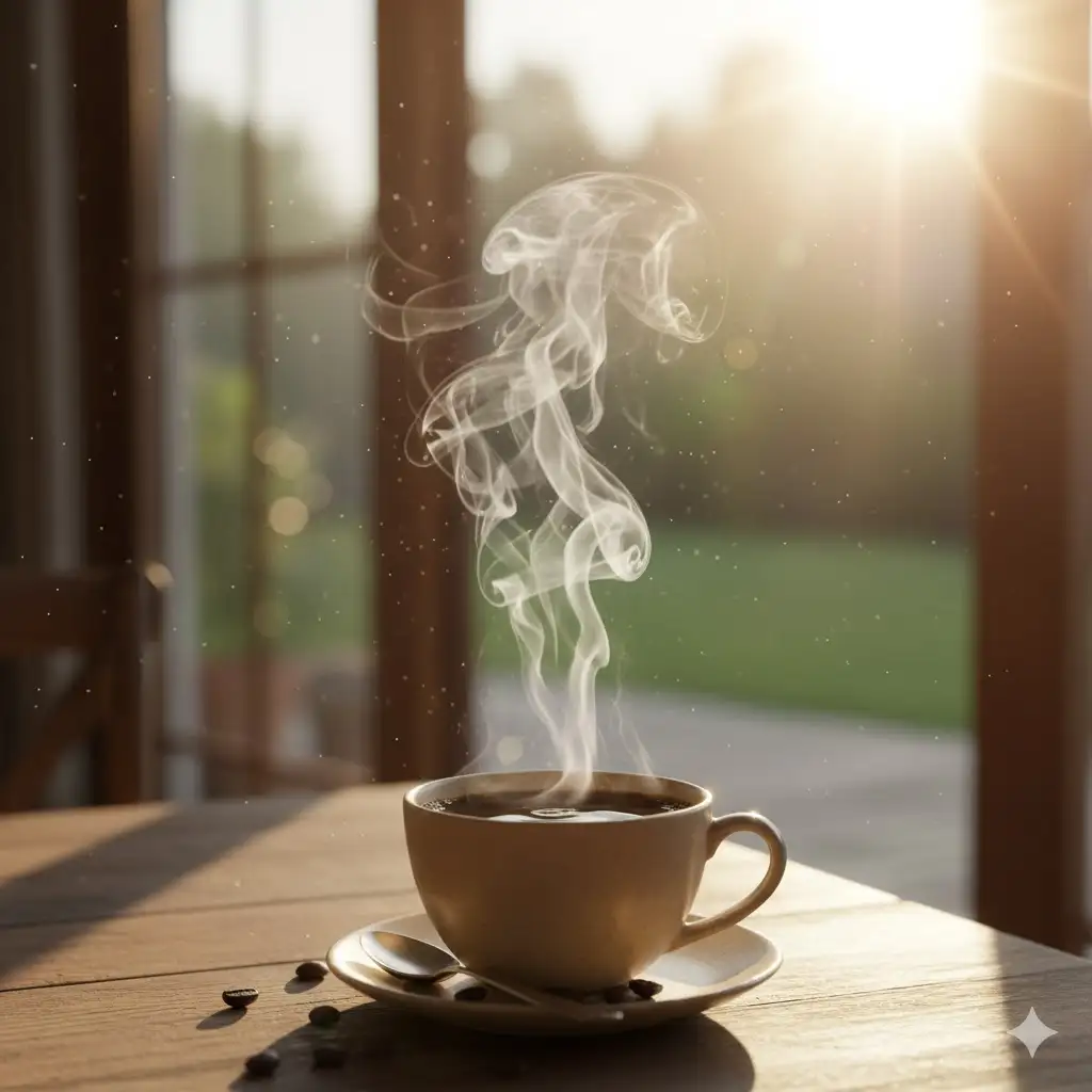 Gempix2 image prompt: Coffee with rising steam in morning light.