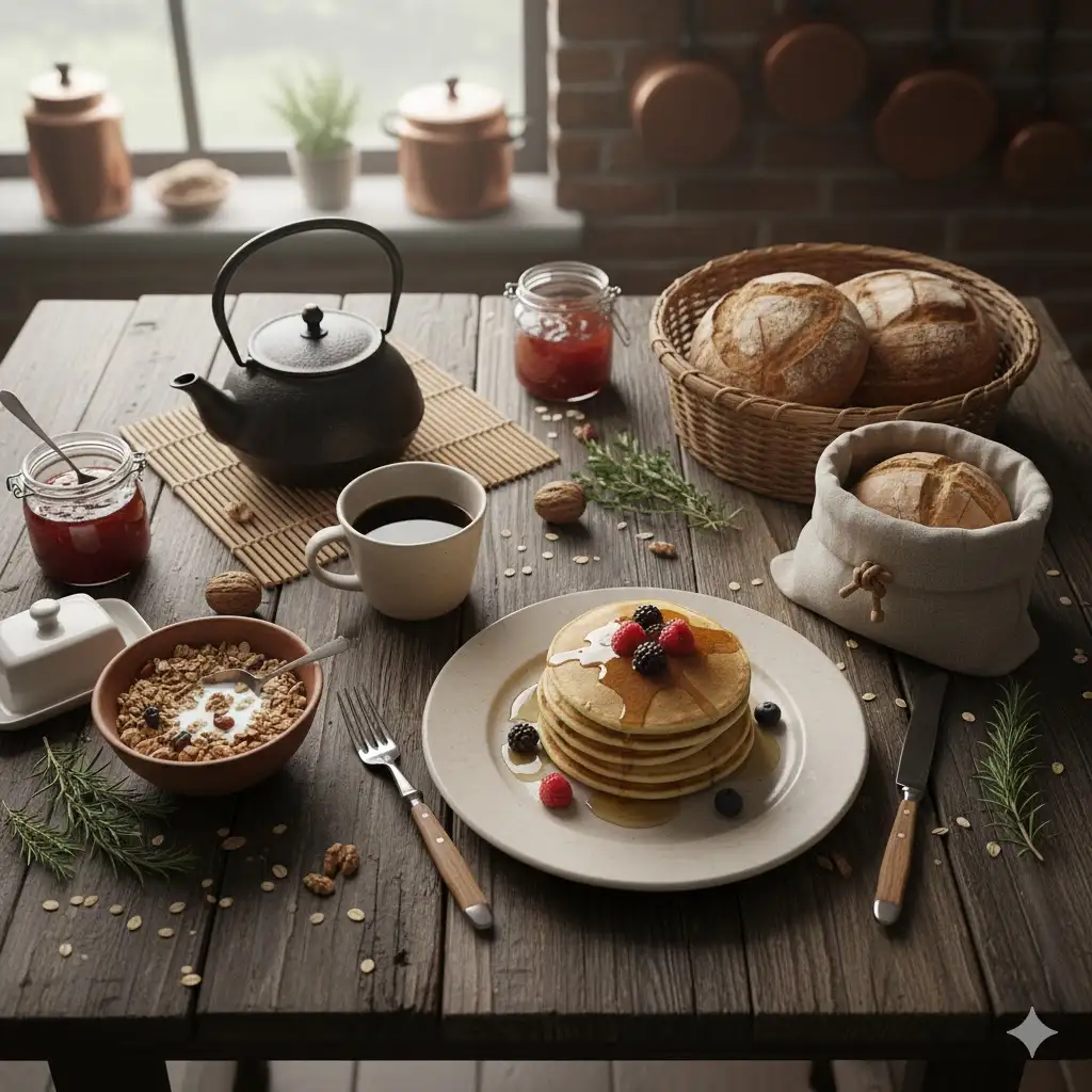 Gempix2 image prompt: Rustic kitchen table setup.