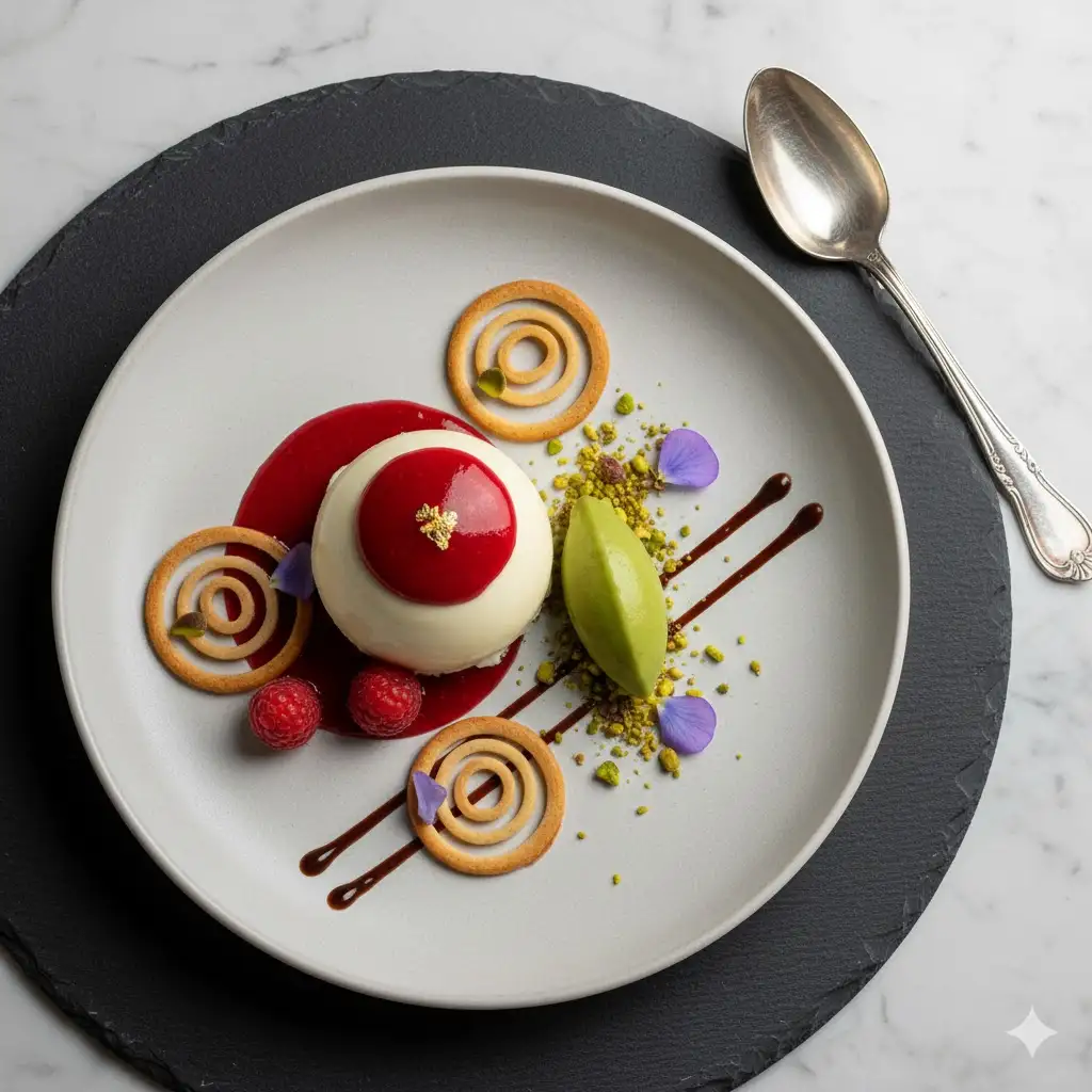 Gempix2 image prompt: Elegant dessert plating.
