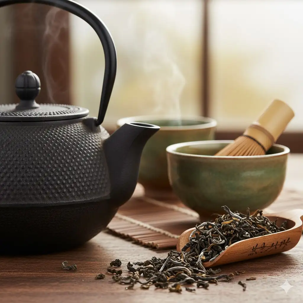 Gempix2 image prompt: Teaware and tea leaves close-up.