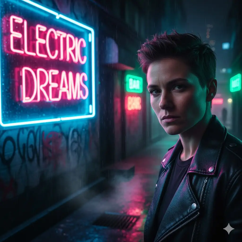 Gempix2 image prompt: Night portrait with neon lighting.