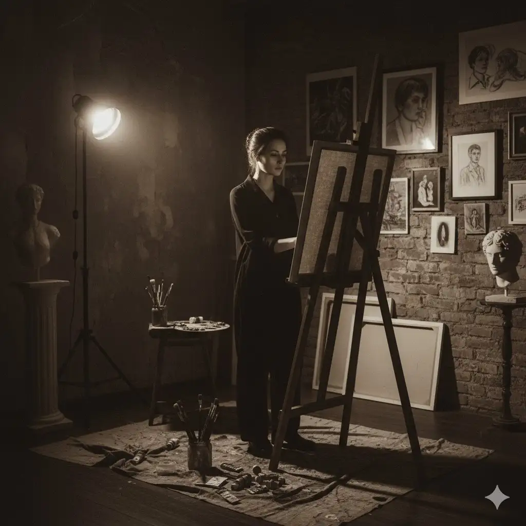 Gempix2 image prompt: Art studio scene with chiaroscuro lighting.