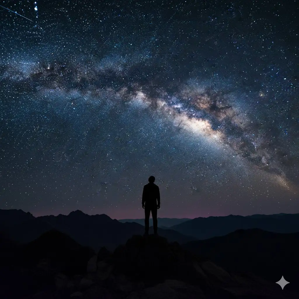 Gempix2 image prompt: Person silhouette under starry night sky.