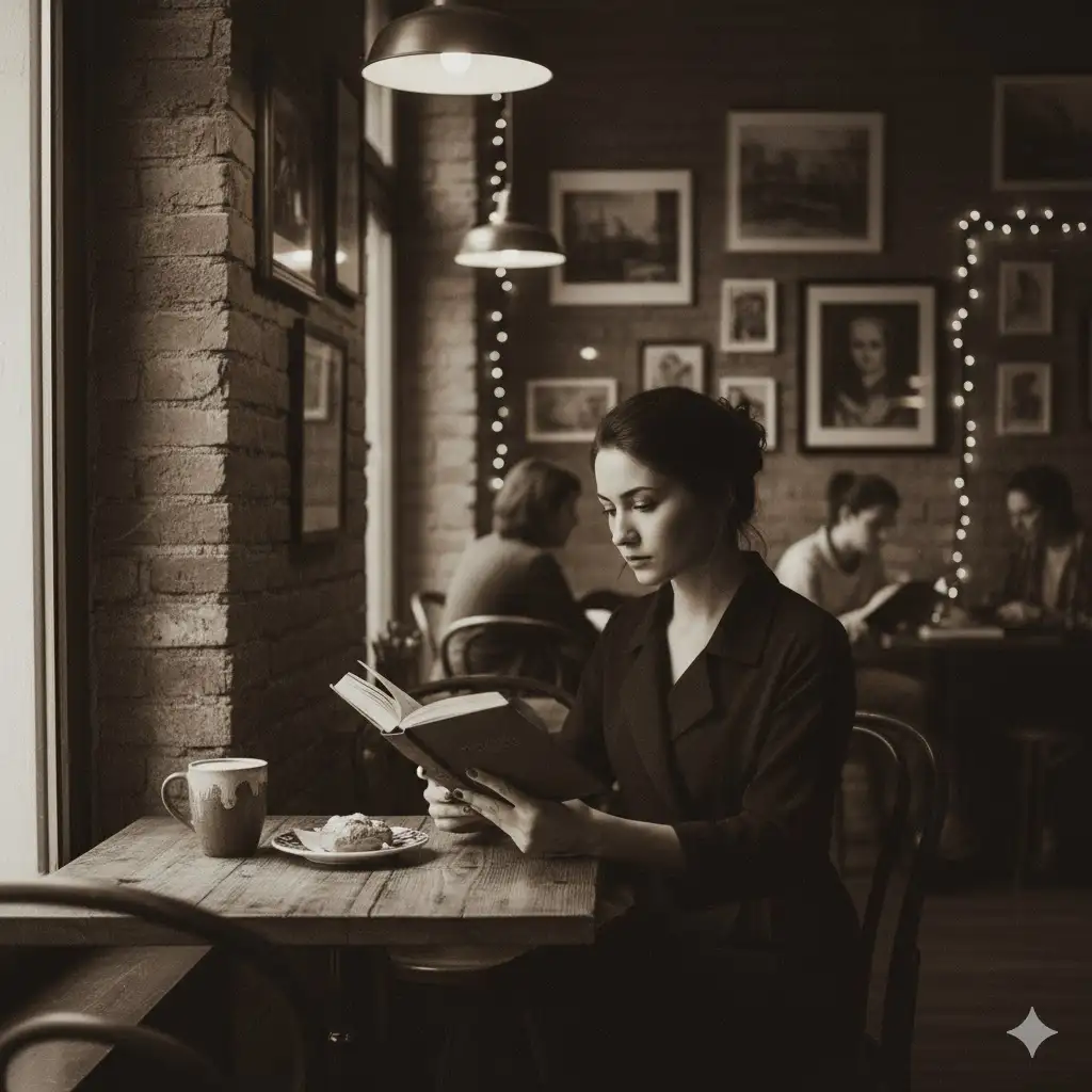 Gempix2 image prompt: Reading book in cozy cafe.