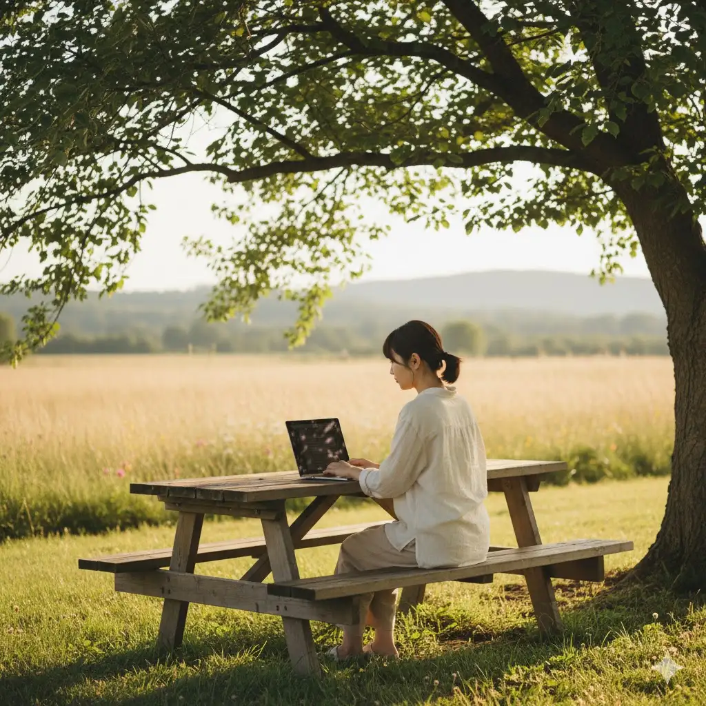 Gempix2 image prompt: Working with laptop outdoors.