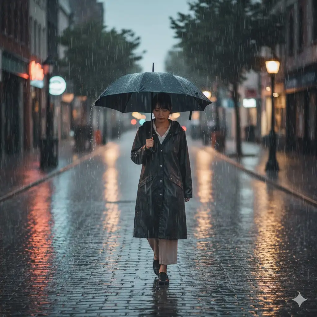 Gempix2 image prompt: Person walking under umbrella in rain.