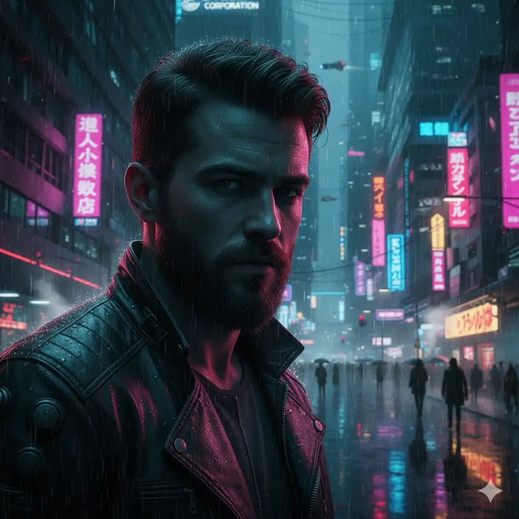 Gempix2 image prompt: Cinematic male portrait in urban night scene with ambient lighting.