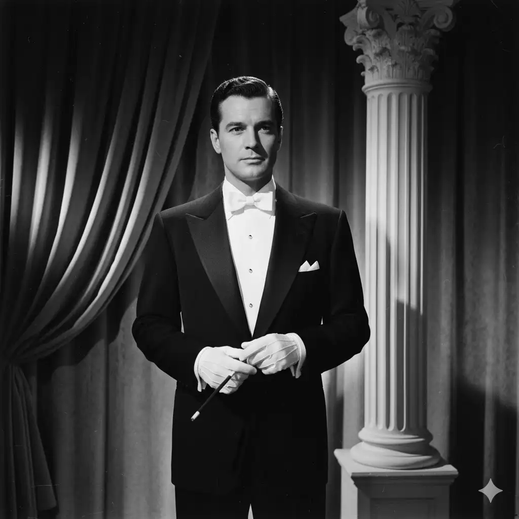 Gempix2 image prompt: 1950s Hollywood glamour black-and-white portrait, classic tuxedo or evening gown.