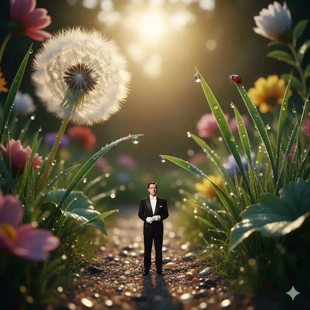 Gempix2 image prompt: Shrink the person to ant size, place in backyard with towering grass blades.