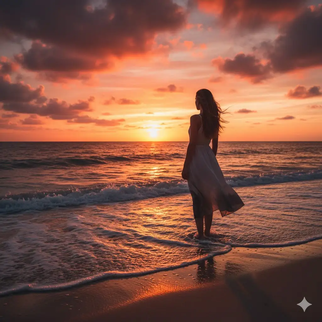 Gempix2 image prompt: Person at seaside sunset, waves at feet, looking into the distance.