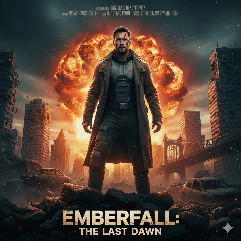 Gempix2 image prompt: Cinematic movie poster hero with explosion or city-ruins background.
