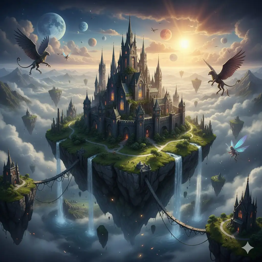 Gempix2 image prompt: Fantasy castle on floating island.