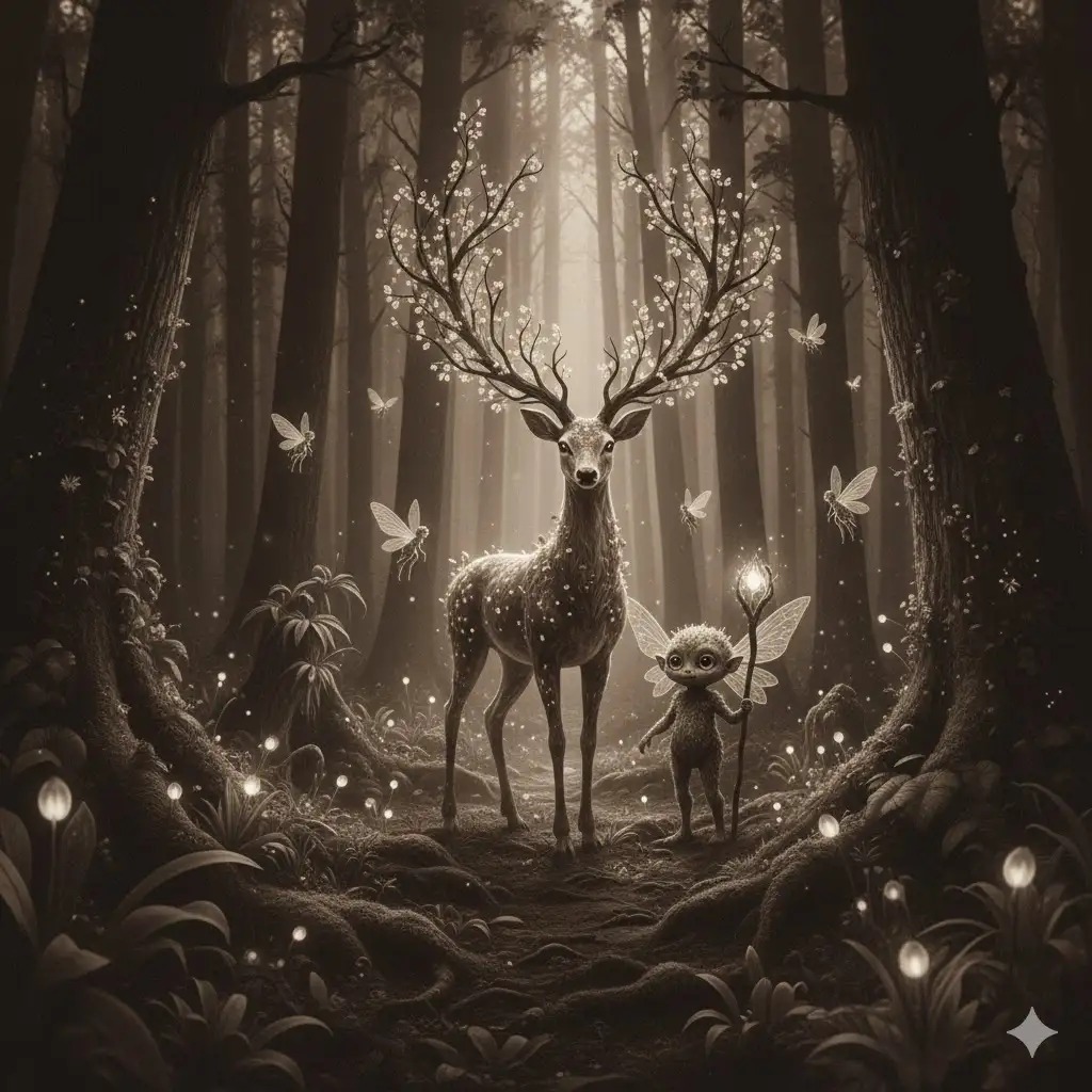 Gempix2 image prompt: Fantasy creatures in forest setting.