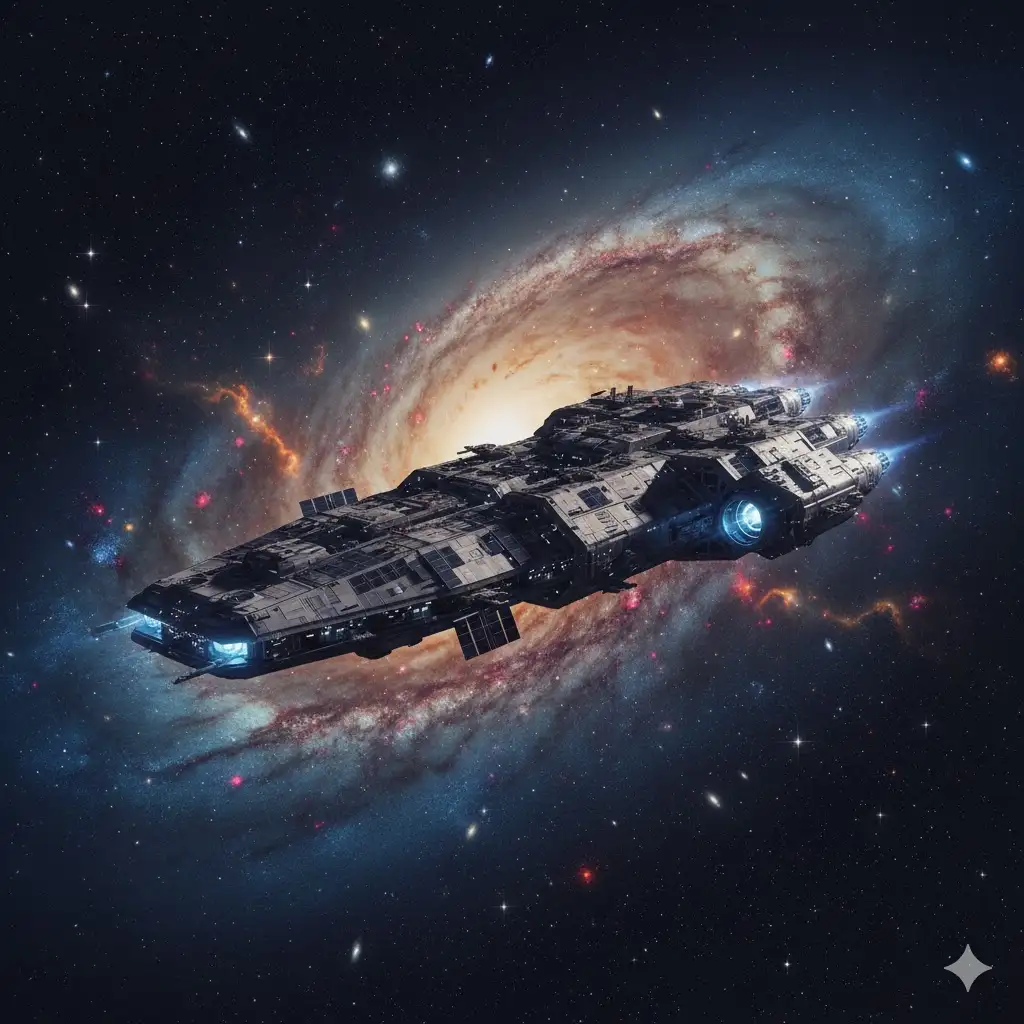 Gempix2 image prompt: Spaceship with galaxy backdrop.
