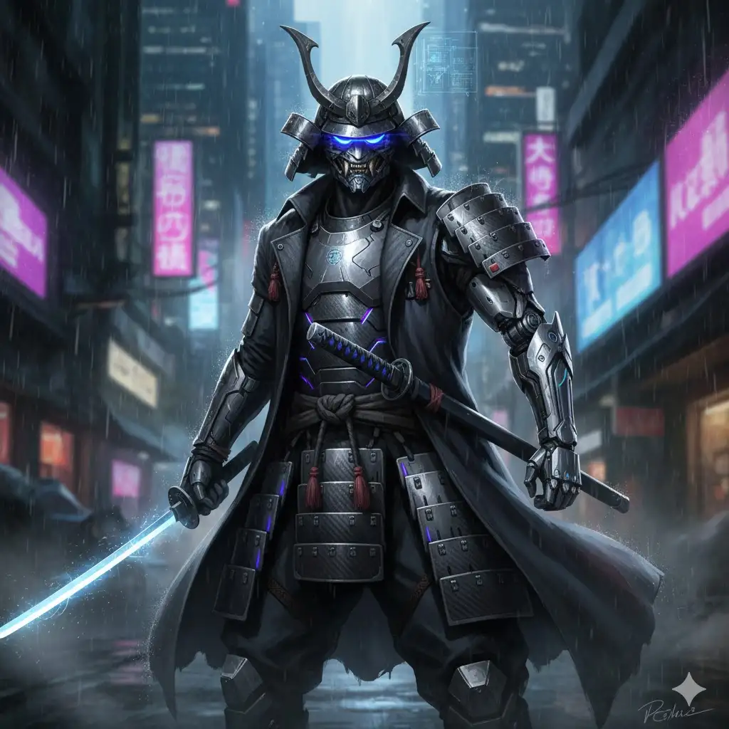 Gempix2 image prompt: Cyber samurai character design.