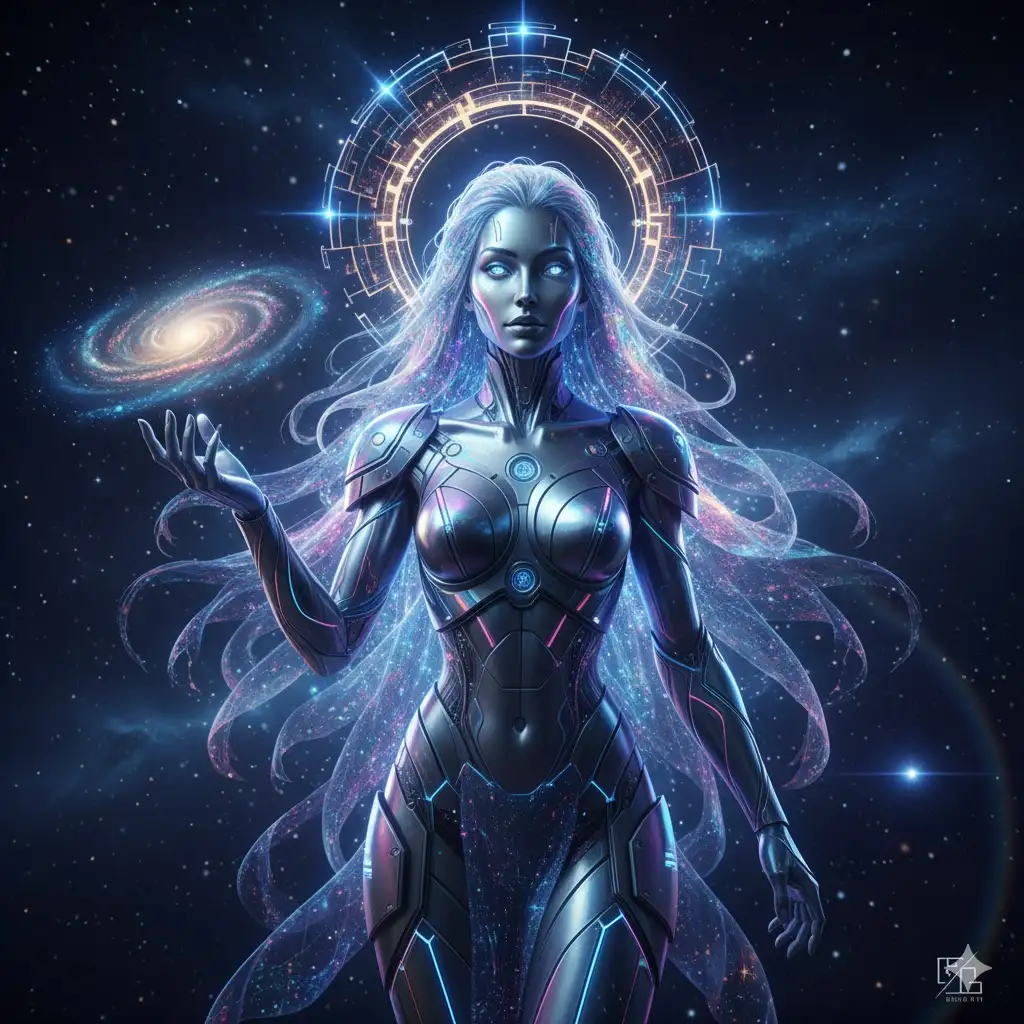 Gempix2 image prompt: AI goddess with digital halo.