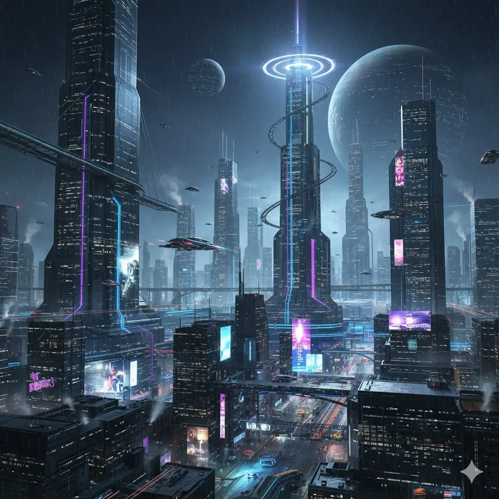 Gempix2 image prompt: Futuristic sci-fi cityscape at night.